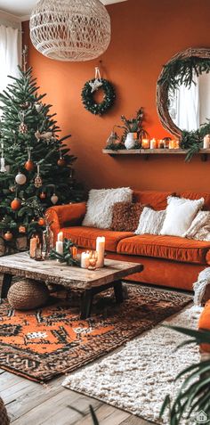 a living room decorated for christmas with orange walls