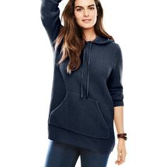 Woman Within Women's Plus Size Hooded Pullover Shaker Sweater Pullover.A wardrobe favorite, the hoodie, is redone in a soft and chunky knit thats cute and cozy. This knit sweater is made with a drawstring hoodie and kangaroo pouch pocket thats sporty and handy. Snuggle up in this causal style thats perfectly pairable with jeans or knit bottoms. Made with rib knit trim on the cuffs and hem. 29" lengthCotton/acrylic, importedMachine washable. About the brand: At Woman Within were the experts in pl Rib Knit Cardigan, Basic Sweaters, Plus Size Cardigans, Woman Within, Sweater Tank Top, Plus Size Sweaters, Ladies Of London, Kangaroo Pouch, Sweater Pullover