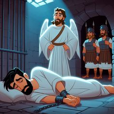 jesus is laying on the ground in front of two men with chains around his ankles