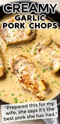 creamy garlic pork chops in a skillet with text overlay