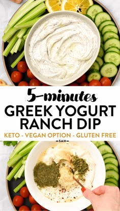 a plate filled with dips and veggies next to the words 5 minutes greek yogurt ranch dip