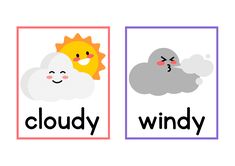 the words cloudy and windy are shown in two separate pictures, one with an image of