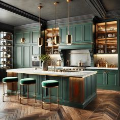 a kitchen with green cabinets and gold trim on the counter tops, along with two stools