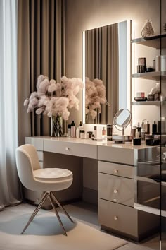 a white chair sitting in front of a vanity