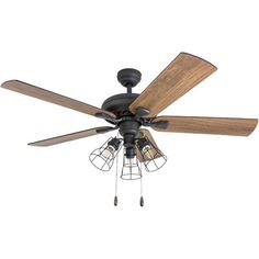 a ceiling fan with three wooden blades and four light bulbs hanging from it's center