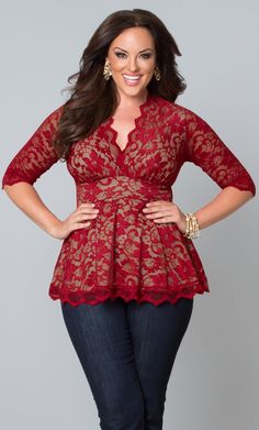 Be bold in red lace in our plus size Linden Lace Top.  www.kiyonna.com  #KiyonnaPlusYou  #MadeintheUSA  #Peplum Cute Valentines Day Outfits, Over 40 Outfits, Mode Tips, Valentines Outfits, Valentine's Day Outfit, Outfit Trends, Trendy Plus Size Clothing, Fashion Over 40, Red Top