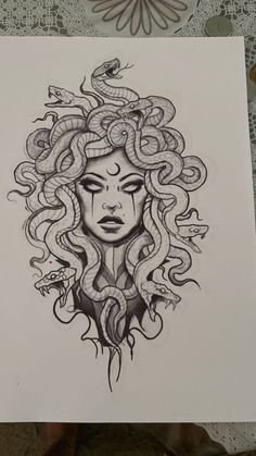 a drawing of a woman with snakes on her head