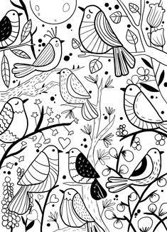 a black and white drawing of birds flying in the sky with stars, flowers and hearts