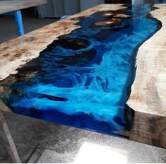 a table that has some blue paint on it