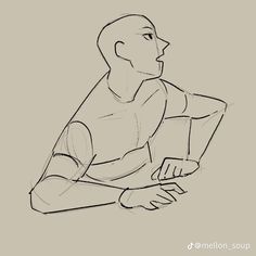 a drawing of a man sitting down with his hands on his knees, looking up