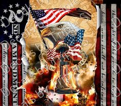 the american flag and an eagle on fire