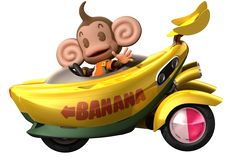 a cartoon character riding in a banana shaped vehicle with the word banana on it's side