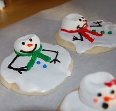 two decorated cookies with frosting and snowmen on them