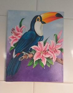 a painting of a toucan bird on a branch with pink flowers