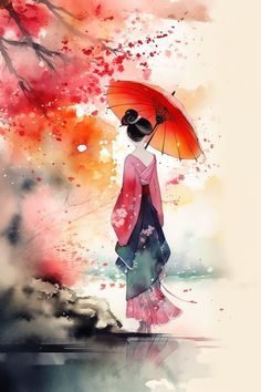 a woman in a kimono holding an umbrella under a tree with red blossoms on it