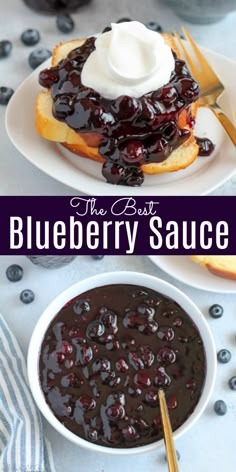 blueberry sauce in a bowl with bread on the side