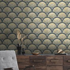 an art deco styled wallpaper with gold and silver scales