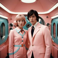 two people dressed in pink standing next to each other on a space station with blue doors