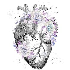 a drawing of a human heart with flowers on the side and watercolor splashes all over it