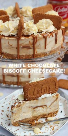 a white chocolate cheesecake on a plate with a slice missing from it and the words, white chocolate biscoff cheesecake