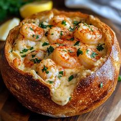 a bread bowl filled with shrimp and cheese