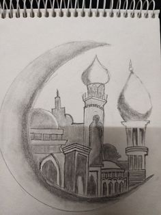 a pencil drawing of a mosque with a moon in the background