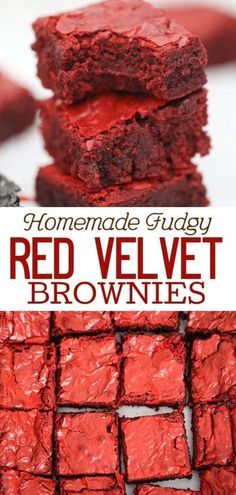 red velvet brownies stacked on top of each other with the words homemade fudgey