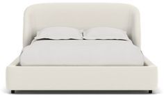 a bed with white linens and pillows on it's headboard, in front of a white background