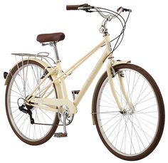 a white bicycle with brown spokes on the front and back wheel, is shown