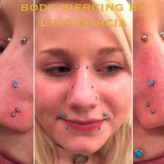 four different pictures of a woman with piercings on her face and nose, including the words body piercing by luis garcia