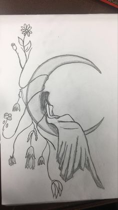 a drawing of a bird flying over the moon with flowers on it's side