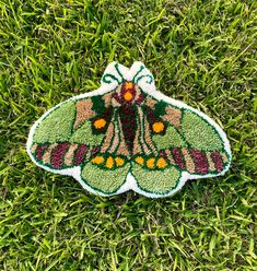 a green and yellow moth on some grass