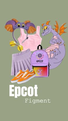 an image of clothing and accessories with the words epcot figment on it