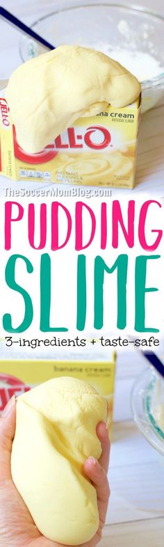 a person holding some kind of food on top of a wooden table with the words pudding slime in front of them