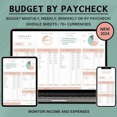 a laptop, phone and tablet with the text budget by paycheck