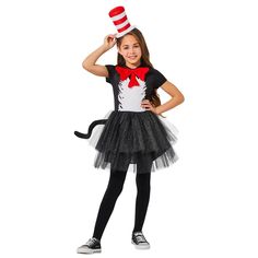 Here comes a costume, oh so fine, For girls who love that Cat in the Hat of mine! It's black and white, just like the cat, With a bow and a tail, imagine that! If you love all thing Dr. Seuss, you're going to love dressing up like this iconic character with this The Cat in the Hat Dress Child Costume. This fun and whimsical costume features a black dress with white front belly, a red detachable bow tie, black tail, and headband with attached iconic red and white mini top hat. Now you're ready to Sparkly Tulle Dress, Whimsical Costume, Cat In The Hat Costume, Cat And The Hat, Dr Seuss Costumes, Book Parade, Indian Dress Up, Cape Costume, The Cat In The Hat