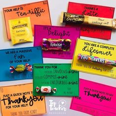 colorful candy bar wrappers with different sayings on them, including thank you for your help