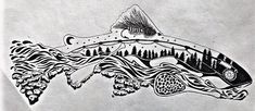 a drawing of a fish with trees and mountains in the background