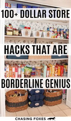 two shelves with baskets and bins on them in front of the words, 100 dollar store hacks that are borderline genius