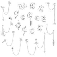 PRICES MAY VARY. 💕[NON PIERCING EAR CUFFS]: One order contains 20pcs ear cuffs in various styles:8pcs chain cuff earrings,12pcs non-piercing ear cuffs, include snake,leaf,butterfly ear cuffs.Available in 3 classic colors: Silver/Gold/Black Tone,You can wear them individually or stack them together for different occasions,they are enough to meet your daily needs. 💕[ADJUSTABLE CUFF CHAIN EARRINGS]: Adjustable design fits for women of all ages,especially fit for those without pierced ears. Put th Chain Cuff Earrings, Leaf Butterfly, Ear Cuff Chain, Earring Cuff Chain, Ear Cuff Earrings, Fake Piercing, Double Diamond, Ear Cuff Earings, Cartilage Earrings