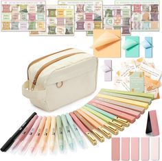 the contents of a makeup bag and its contents are arranged in different colors, including pink, green, yellow, blue