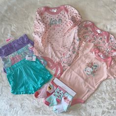 Girls Lot Of Clothing Includes: 1 - Nwot Tahari Baby Pink Onesies, Set Of 3 *Size: 24 Months 1 - Nwt Children’s Place Lounge Shorts With Ruffle Accents, Set Of 3 *Size: 18-24 Months *Hangers Not Included To Save On Shipping Costs 1 - Nwt Children’s Place Pink Pearl 6-Pack Socks *Size: 12-18 Months Pink Bedtime Sets For Spring, Pink Spring Bedtime Sets, Cute Cotton Sets For Daycare, Pink Spring Sleepover Sets, Cute Pink Playtime Sets, Playful Pink Sleepover Sets, Playful Pink Bedtime Sets, Pink Cotton Playwear Sets, Fav Products