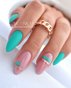 Cheerful Nail Designs, Minimalist Nail Art Almond, Tiffany Nails, Aqua Nails, Teal Nails, Turquoise Nails, Semi Permanente, Pink Nail, Chic Nails