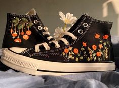 Orange Flower Garden, Embroidered Converse High Tops, Converse Embroidery, Cute Converse Shoes, Design Sneakers, Garden Shoes