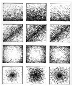 six different types of black and white ink on paper, each with an abstract pattern