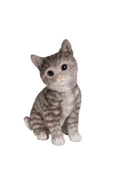 a small gray kitten sitting on top of a white floor