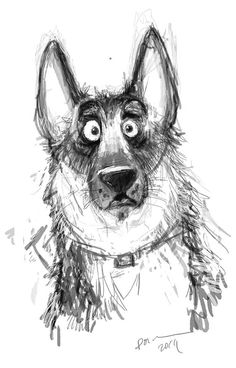 a black and white drawing of a dog's face with eyes wide open, looking at the camera