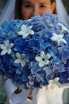 a bride holding a bouquet of blue and white flowers