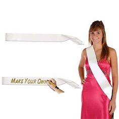 a woman wearing a pink dress and holding a pencil in her hand with the words make your own written on it