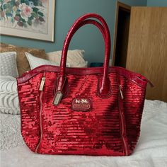 Like-New Coach Bag Color: Red Sequins Never Worn This Stunner So She’s In Excellent Condition! Willing To Negotiate Price - No Trades! Coach Leather Party Bags, Chic Coach Party Bag, Chic Party Bags By Coach, Coach Evening Tote Bag, Red Double Handle Bag For Party, Coach Tote Bag For Evening, Red Double Handle Party Bag, Red Double Handle Party Bags, Red Party Bags With Handles